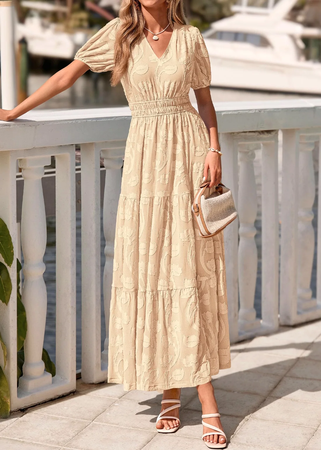 KIRUNDO Floral V-Neck Short Sleeve Maxi Dress in Apricot, view 4