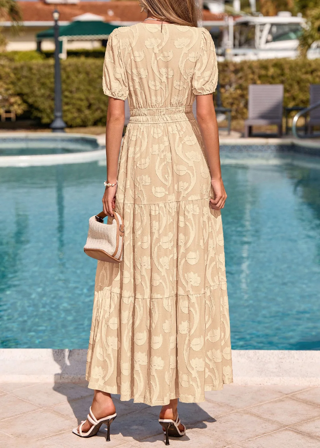KIRUNDO Floral V-Neck Short Sleeve Maxi Dress in Apricot, view 5