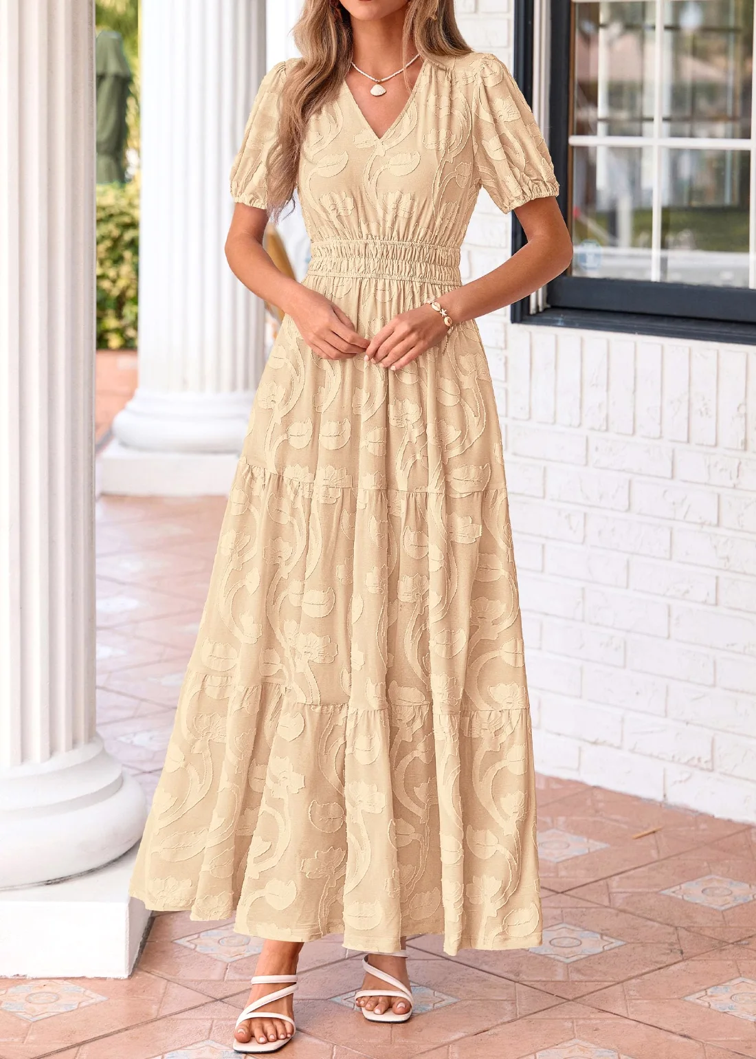 KIRUNDO Floral V-Neck Short Sleeve Maxi Dress in Apricot, view 6