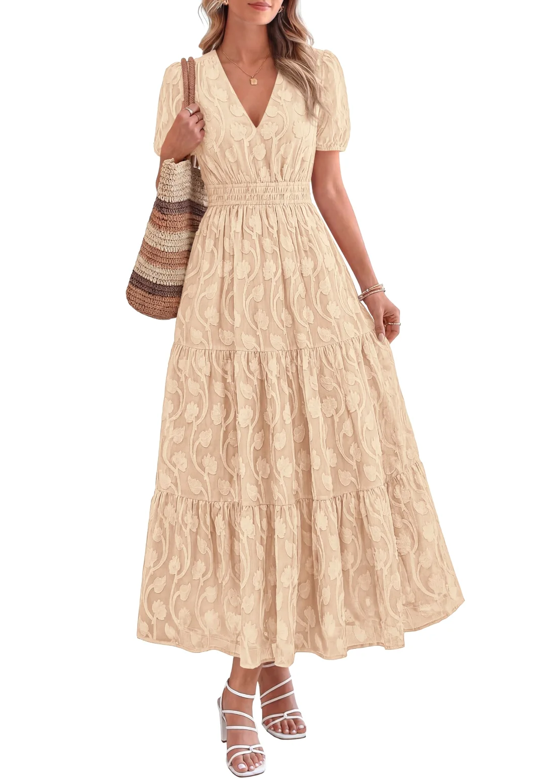 KIRUNDO Floral V-Neck Short Sleeve Maxi Dress in Apricot