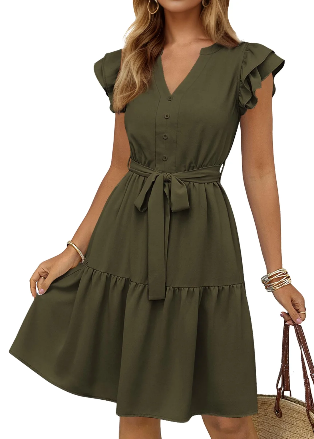 KIRUNDO Flutter Sleeve Belted Midi Dress in Army Green