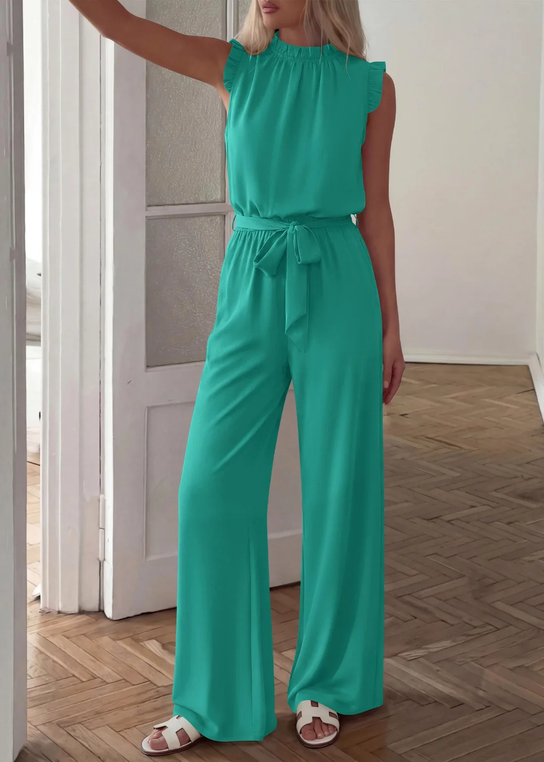 KIRUNDO Flutter Sleeve Tie Waist Jumpsuit in Lake Blue, view 4