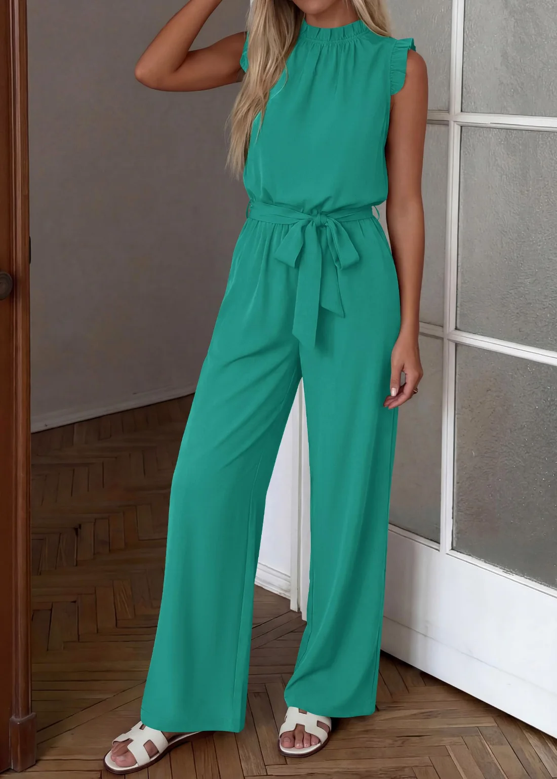 KIRUNDO Flutter Sleeve Tie Waist Jumpsuit in Lake Blue, view 5