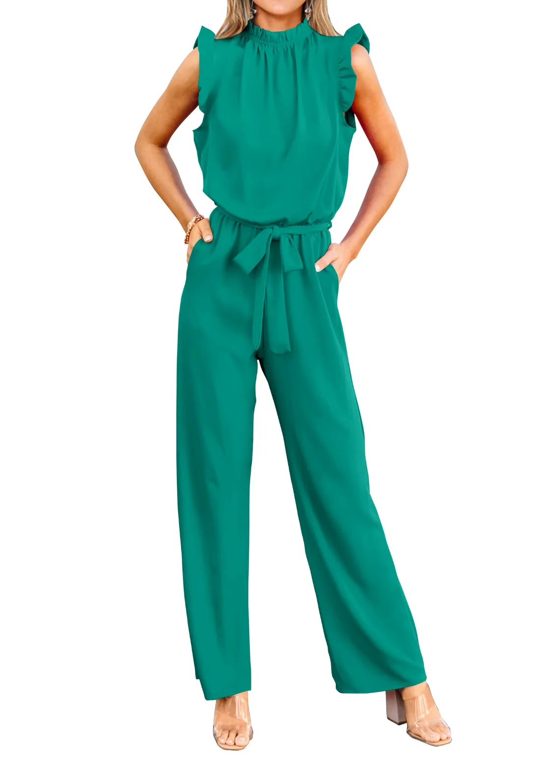 KIRUNDO Flutter Sleeve Tie Waist Jumpsuit in Lake Blue