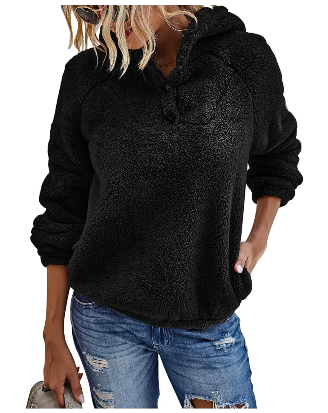KIRUNDO Fuzzy Long Sleeve Sweatshirt in Black