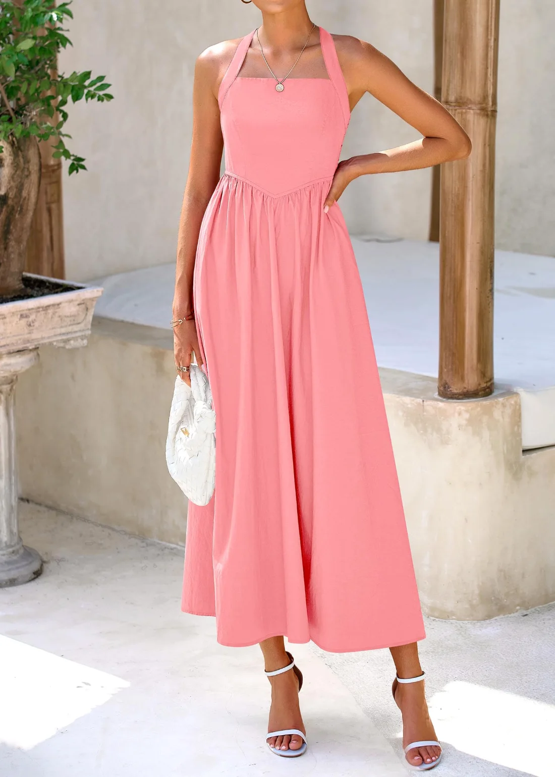 KIRUNDO Halter Pocket Maxi Dress in Pink, view 4