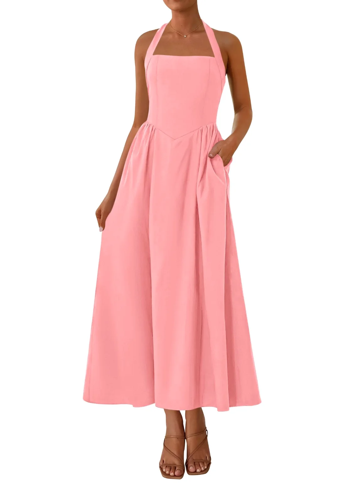 KIRUNDO Halter Pocket Maxi Dress in Pink