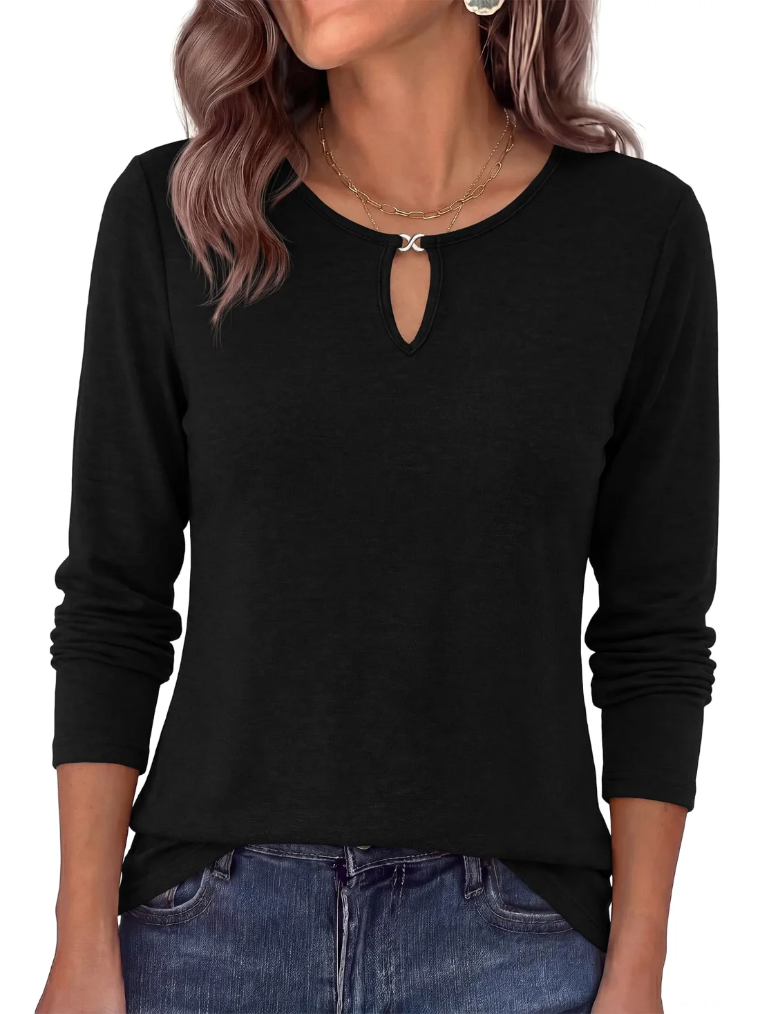 KIRUNDO Keyhole Crewneck Long Sleeve Top in Black, view 3