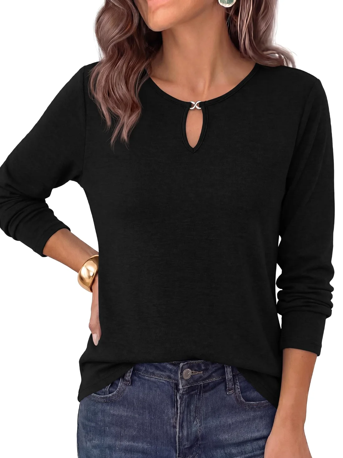 KIRUNDO Keyhole Crewneck Long Sleeve Top in Black, view 4