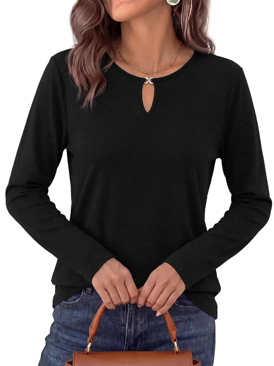 KIRUNDO Keyhole Crewneck Long Sleeve Top in Black, view 5