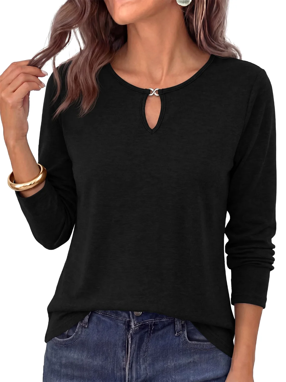 KIRUNDO Keyhole Crewneck Long Sleeve Top in Black