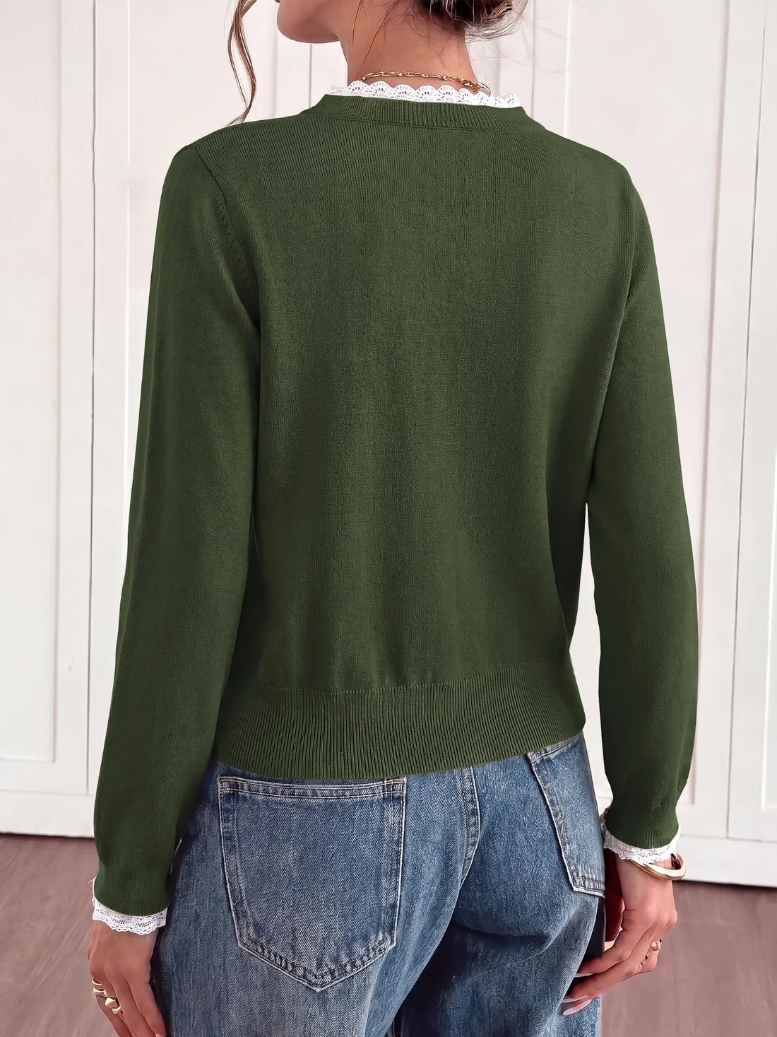 KIRUNDO Lace Button-Down Cardigan in Army Green, view 3