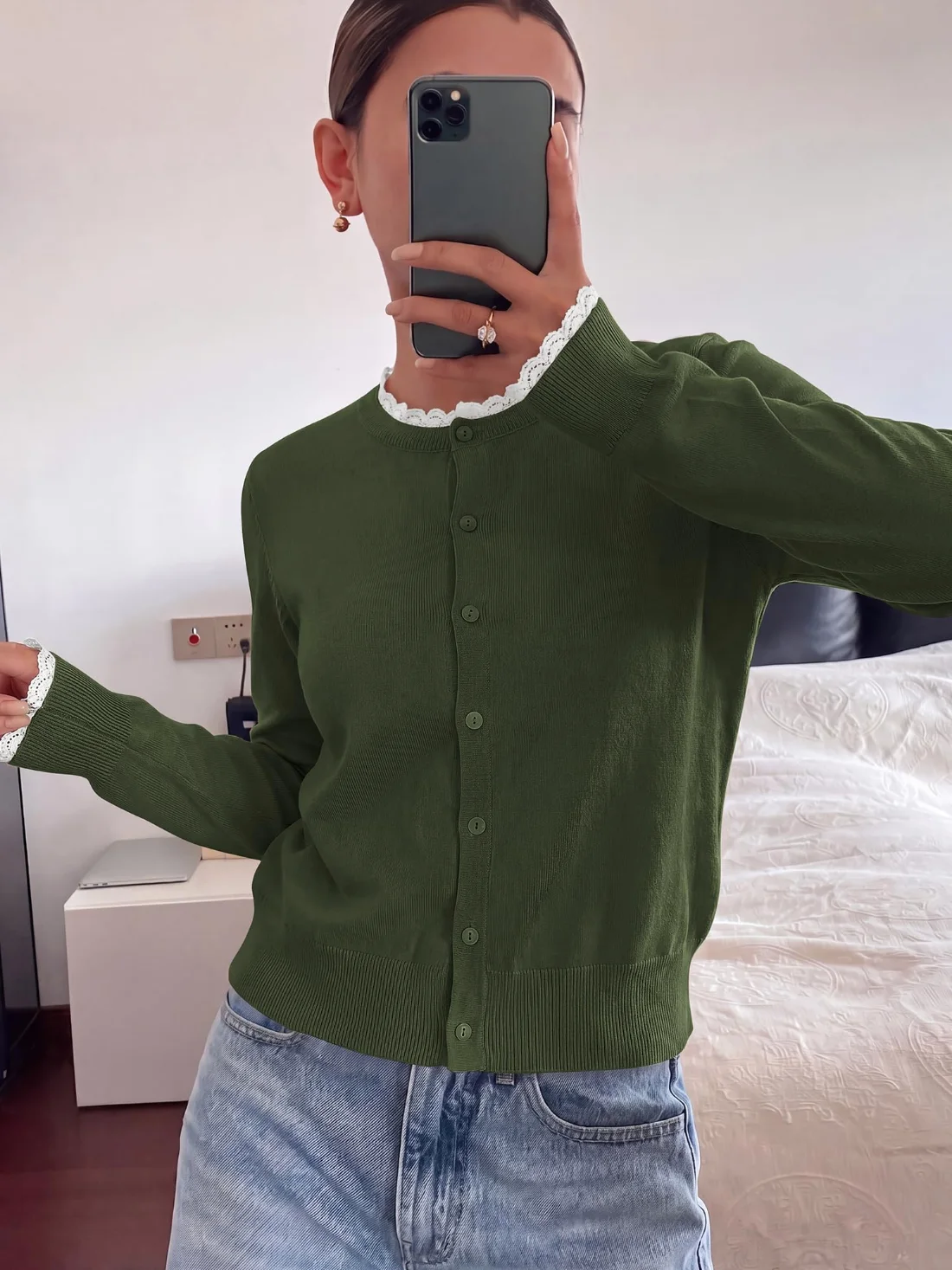 KIRUNDO Lace Button-Down Cardigan in Army Green, view 4