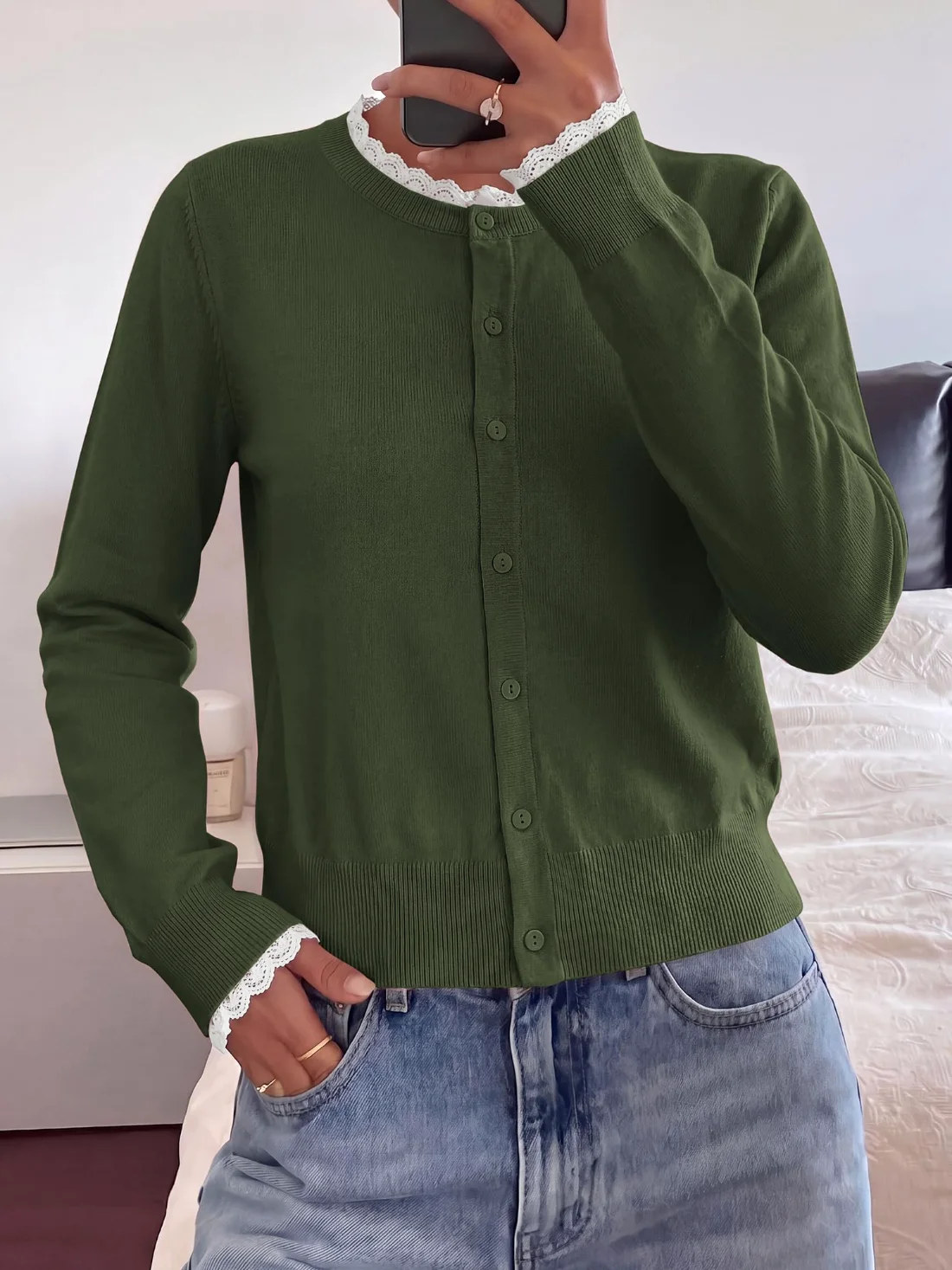 KIRUNDO Lace Button-Down Cardigan in Army Green, view 5