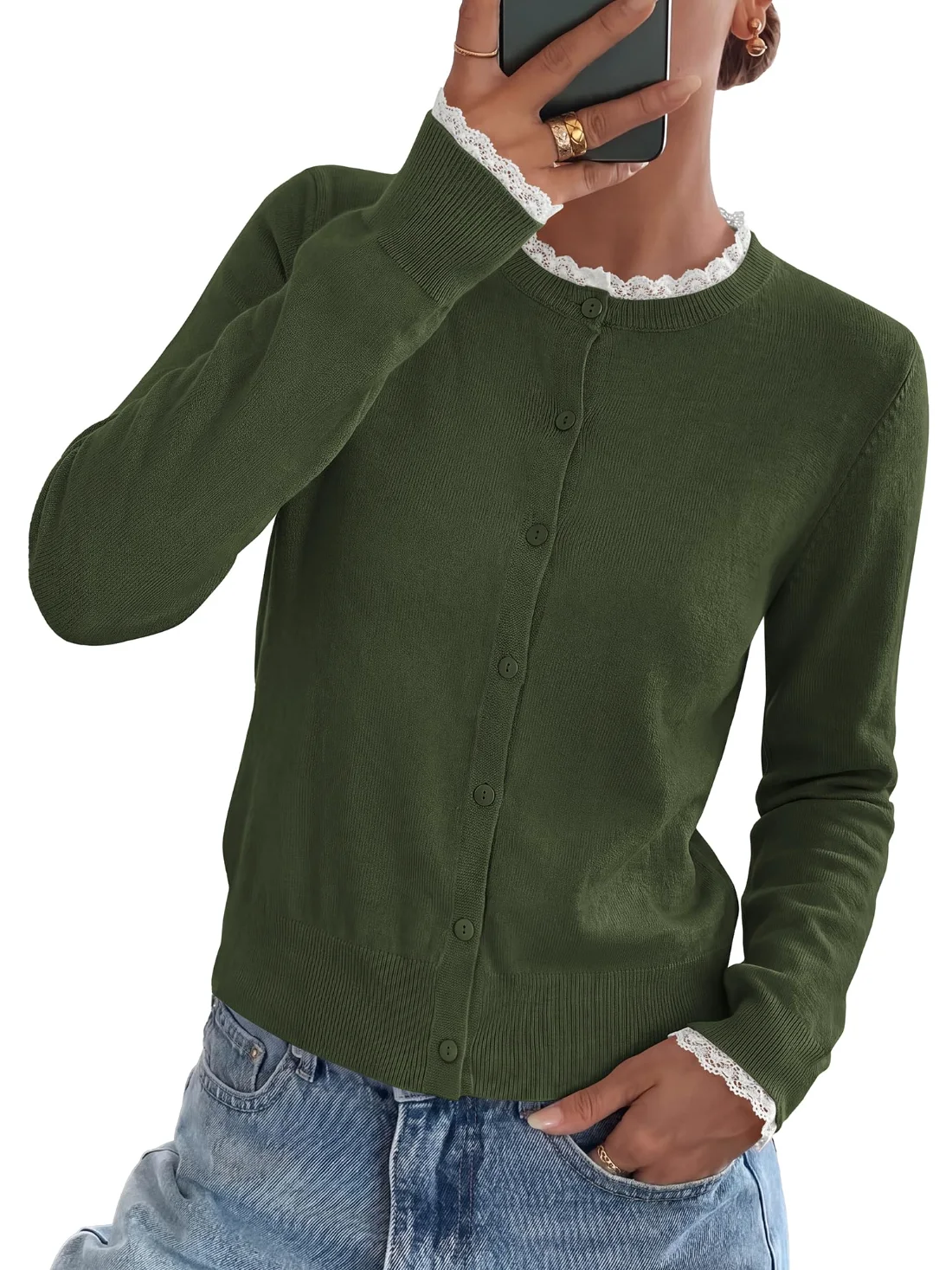 KIRUNDO Lace Button-Down Cardigan in Army Green