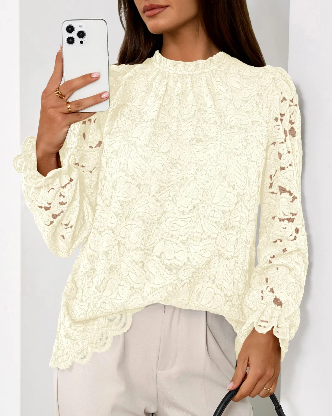 KIRUNDO Lace Long Sleeve Blouse in Apricot, view 3