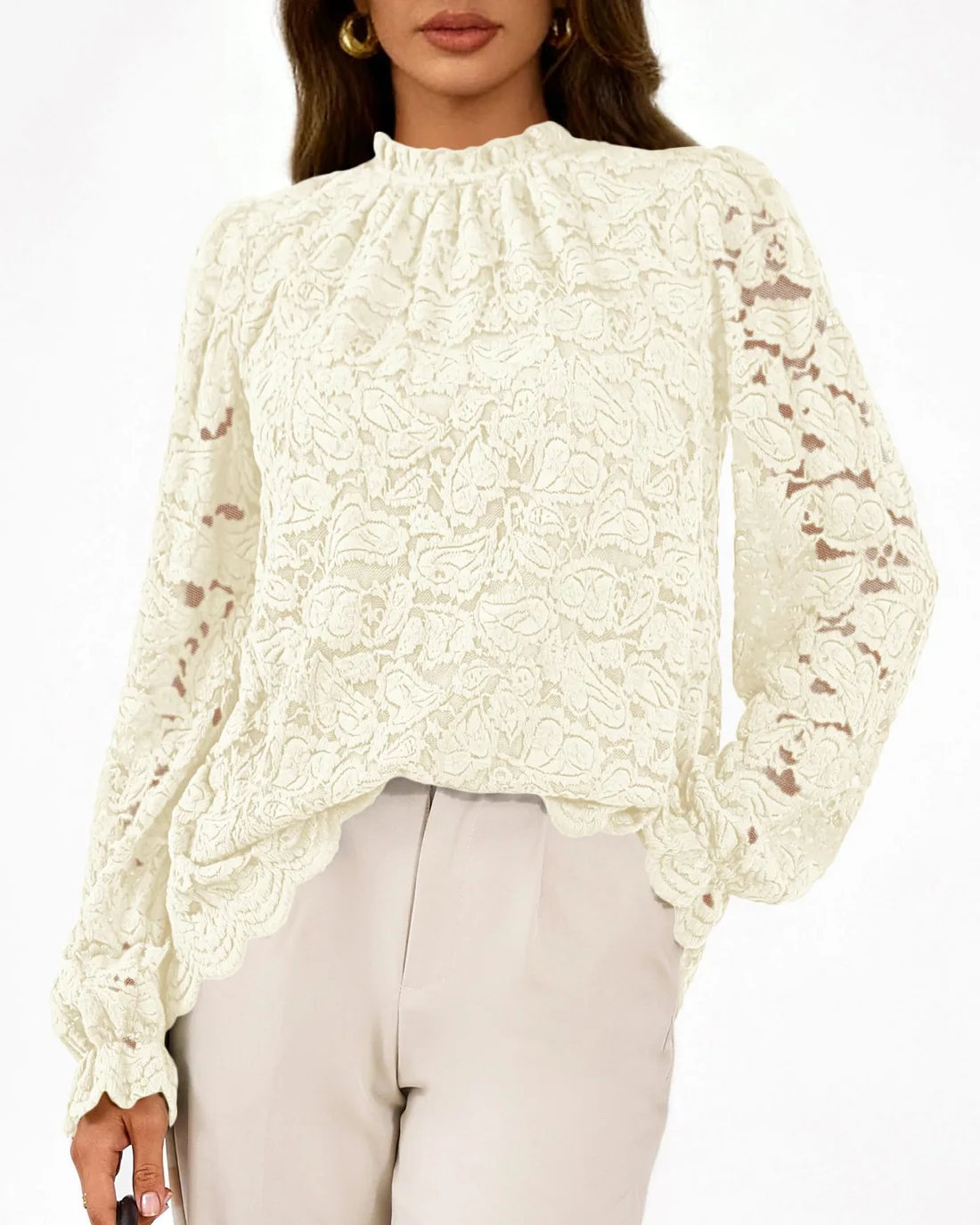 KIRUNDO Lace Long Sleeve Blouse in Apricot, view 4