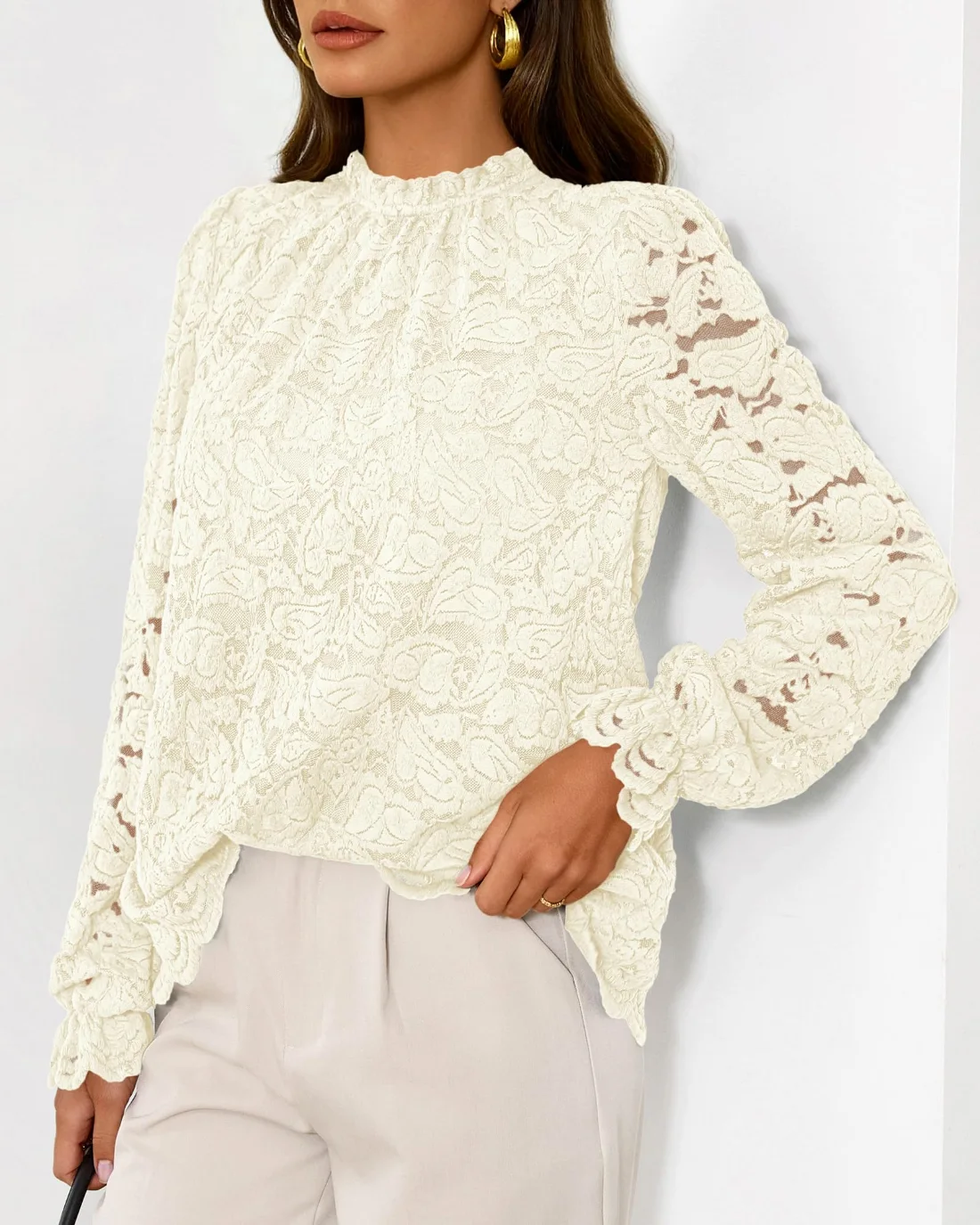 KIRUNDO Lace Long Sleeve Blouse in Apricot, view 5