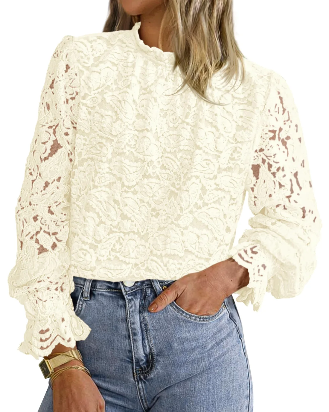 KIRUNDO Lace Long Sleeve Blouse in Apricot
