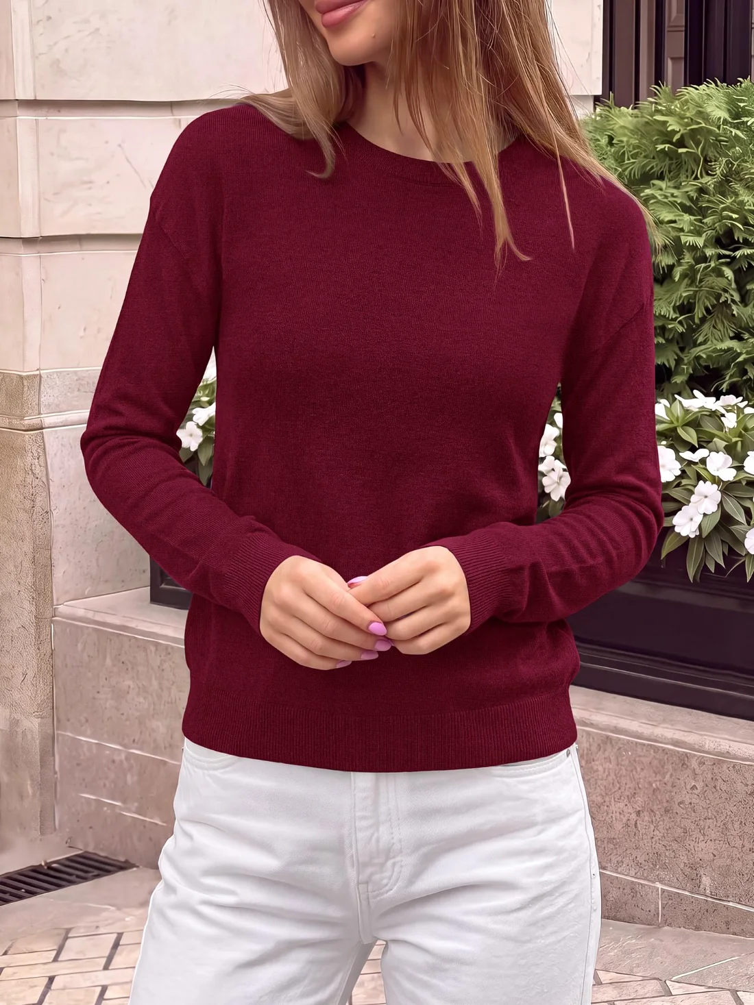KIRUNDO Lightweight Crewneck Sweater in Burgundy, view 5