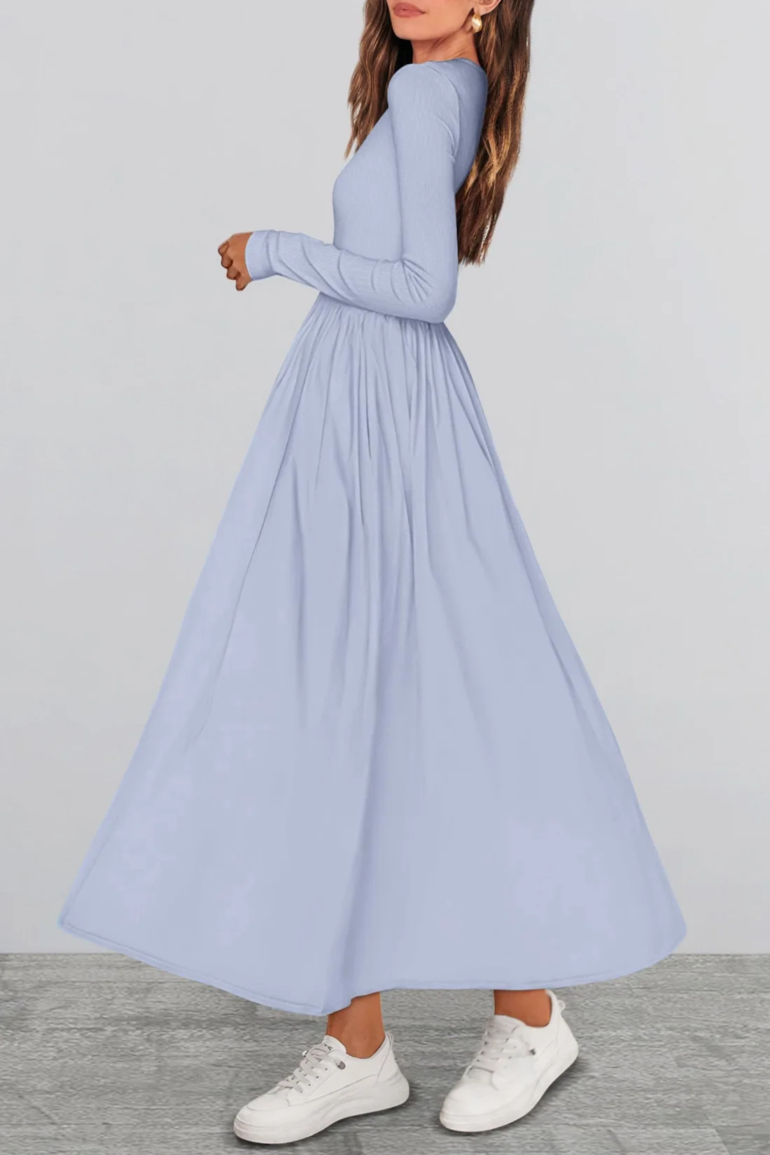 KIRUNDO Long Sleeve Flowy Midi Dress in Light Blue, view 3