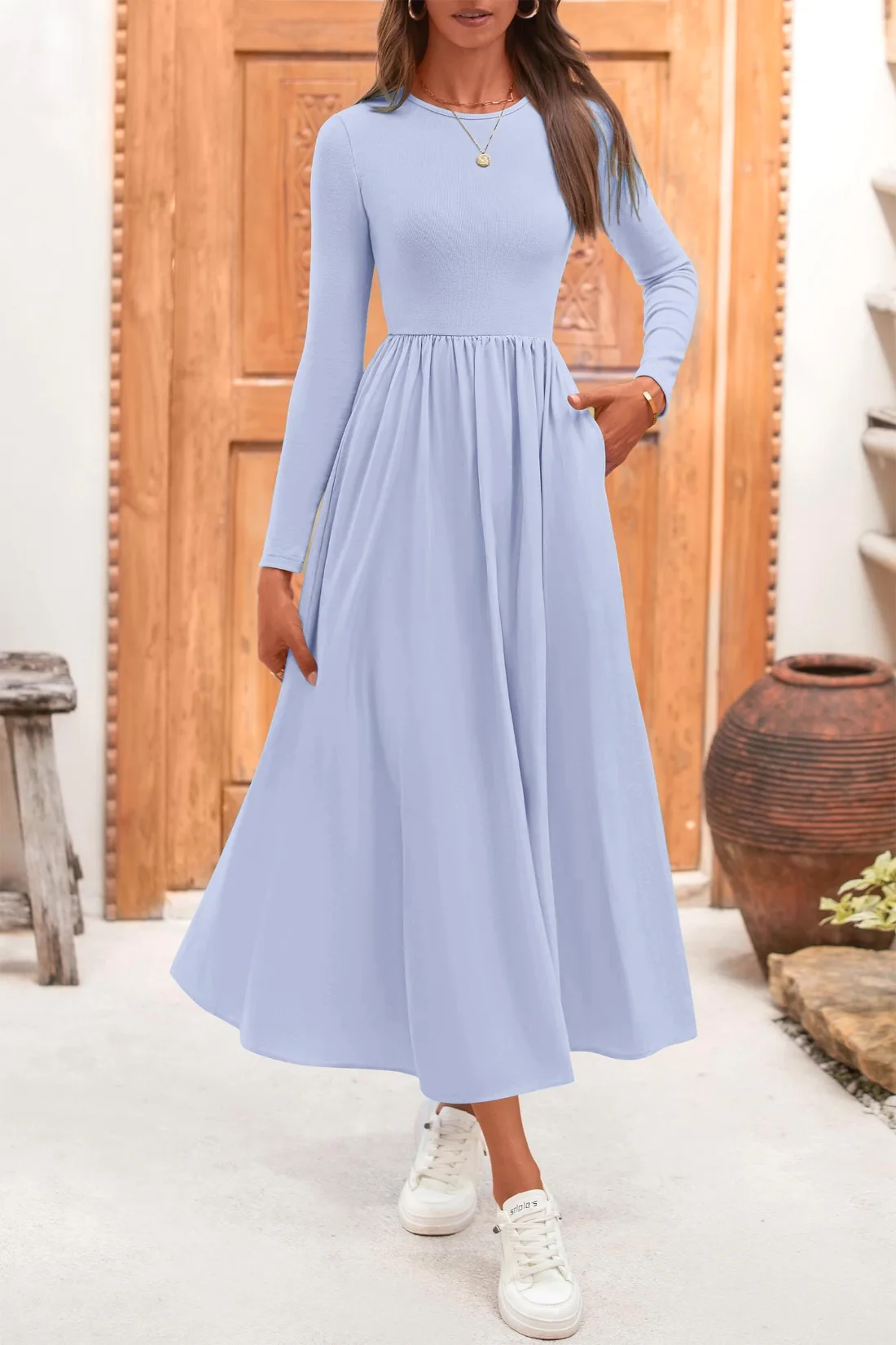 KIRUNDO Long Sleeve Flowy Midi Dress in Light Blue, view 4