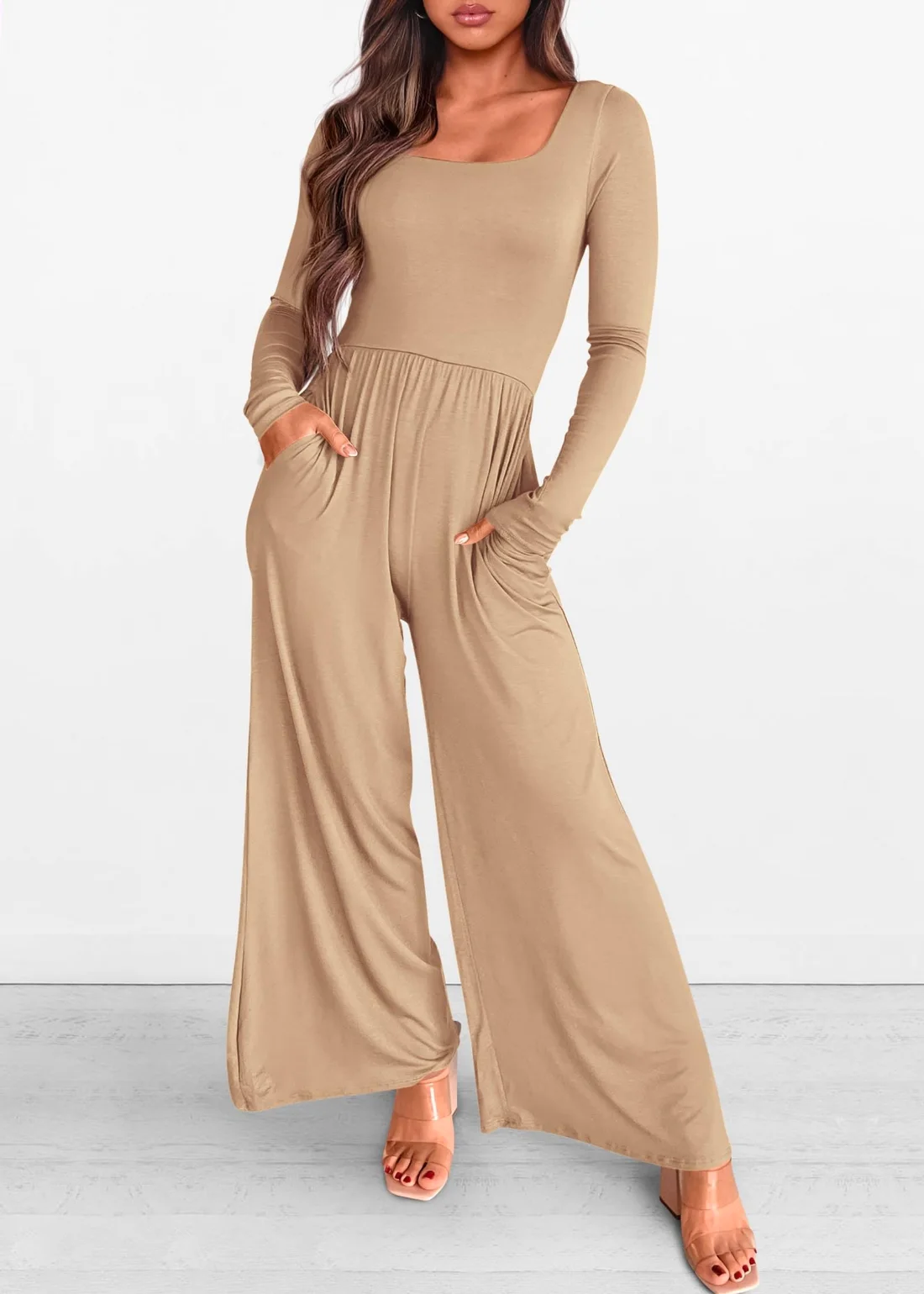KIRUNDO Long Sleeve Jumpsuit in Khaki, view 3