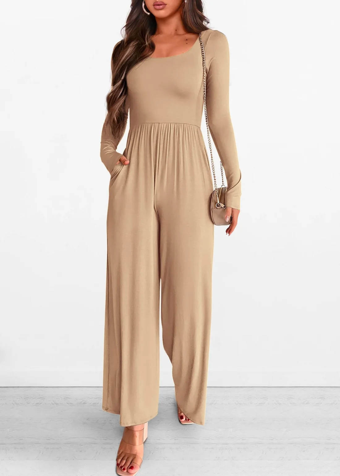 KIRUNDO Long Sleeve Jumpsuit in Khaki, view 4