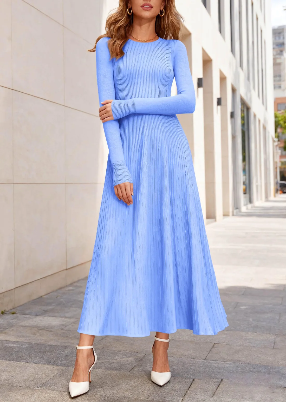 KIRUNDO Long Sleeve Maxi Sweater Dress in Baby Blue, view 4