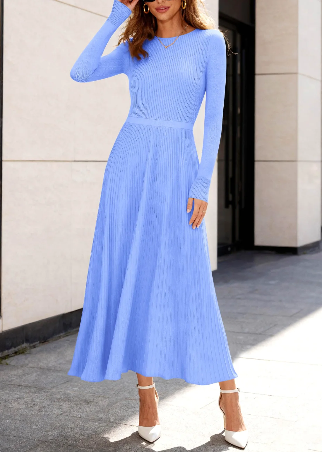 KIRUNDO Long Sleeve Maxi Sweater Dress in Baby Blue, view 6