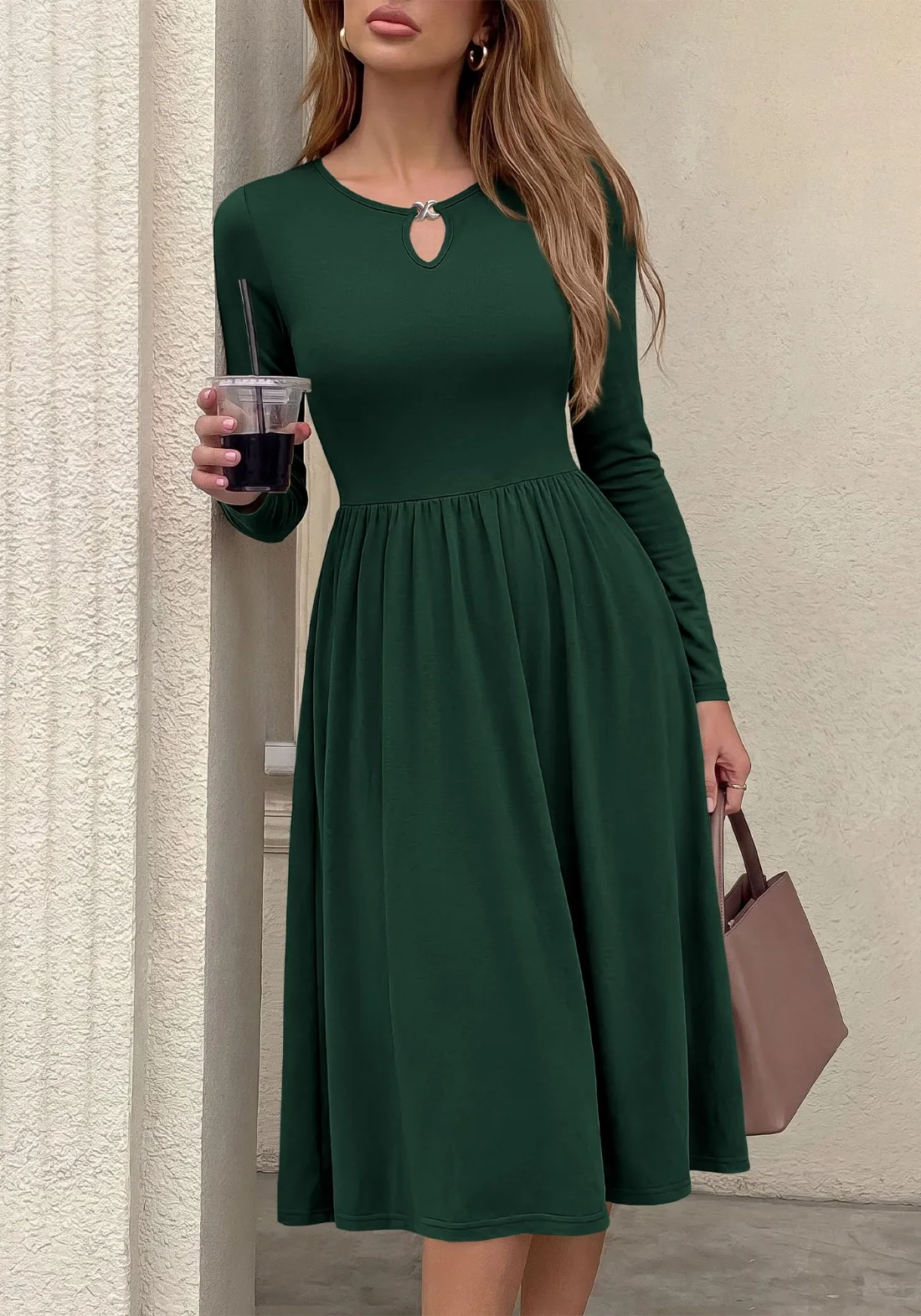 KIRUNDO Long Sleeve Midi Dress in Dark Green, view 3