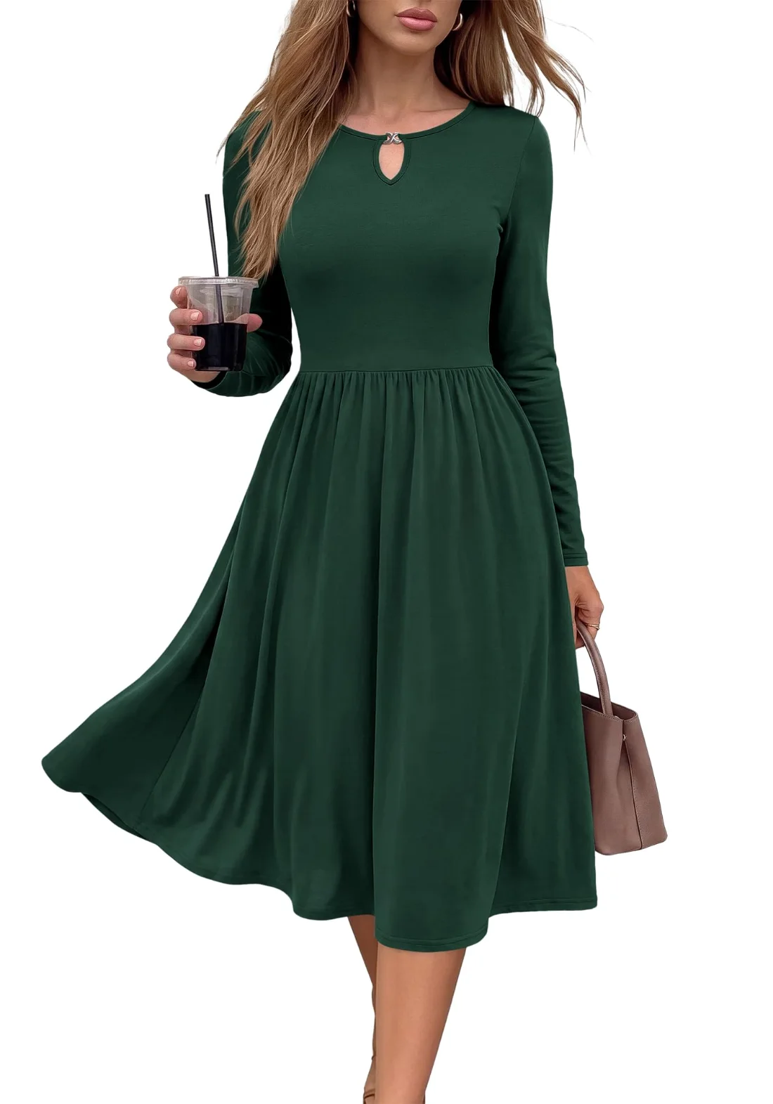 KIRUNDO Long Sleeve Midi Dress in Dark Green