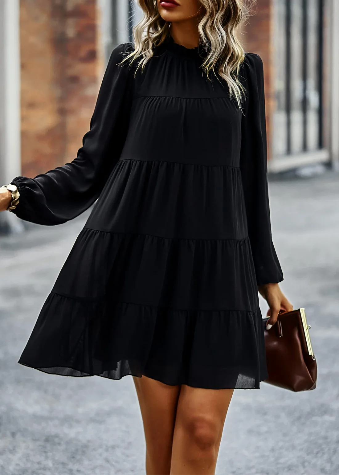 KIRUNDO Long Sleeve Tiered Babydoll Dress in Black, view 4