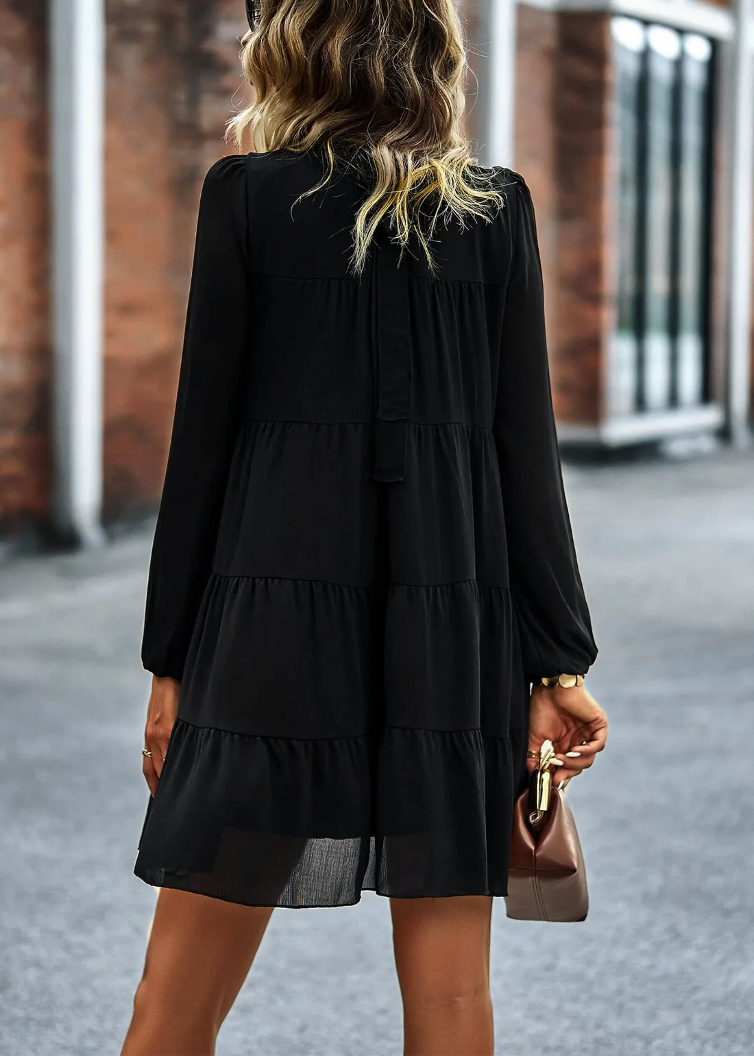 KIRUNDO Long Sleeve Tiered Babydoll Dress in Black, view 5
