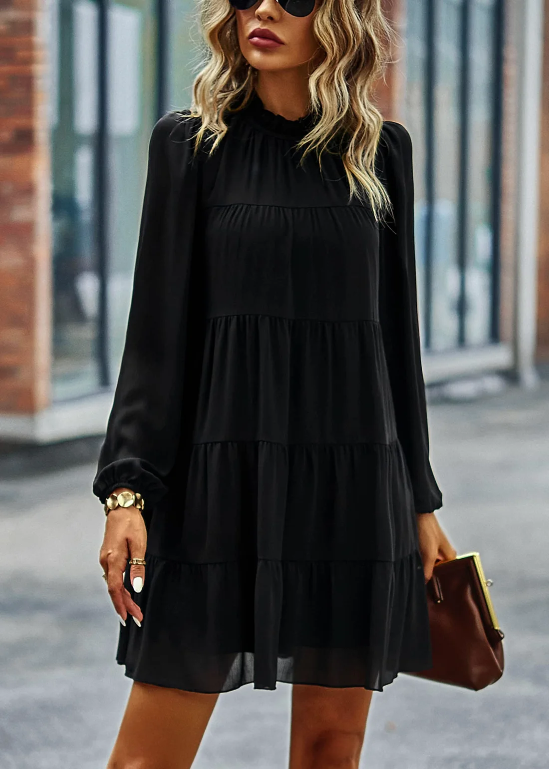 KIRUNDO Long Sleeve Tiered Babydoll Dress in Black, view 6