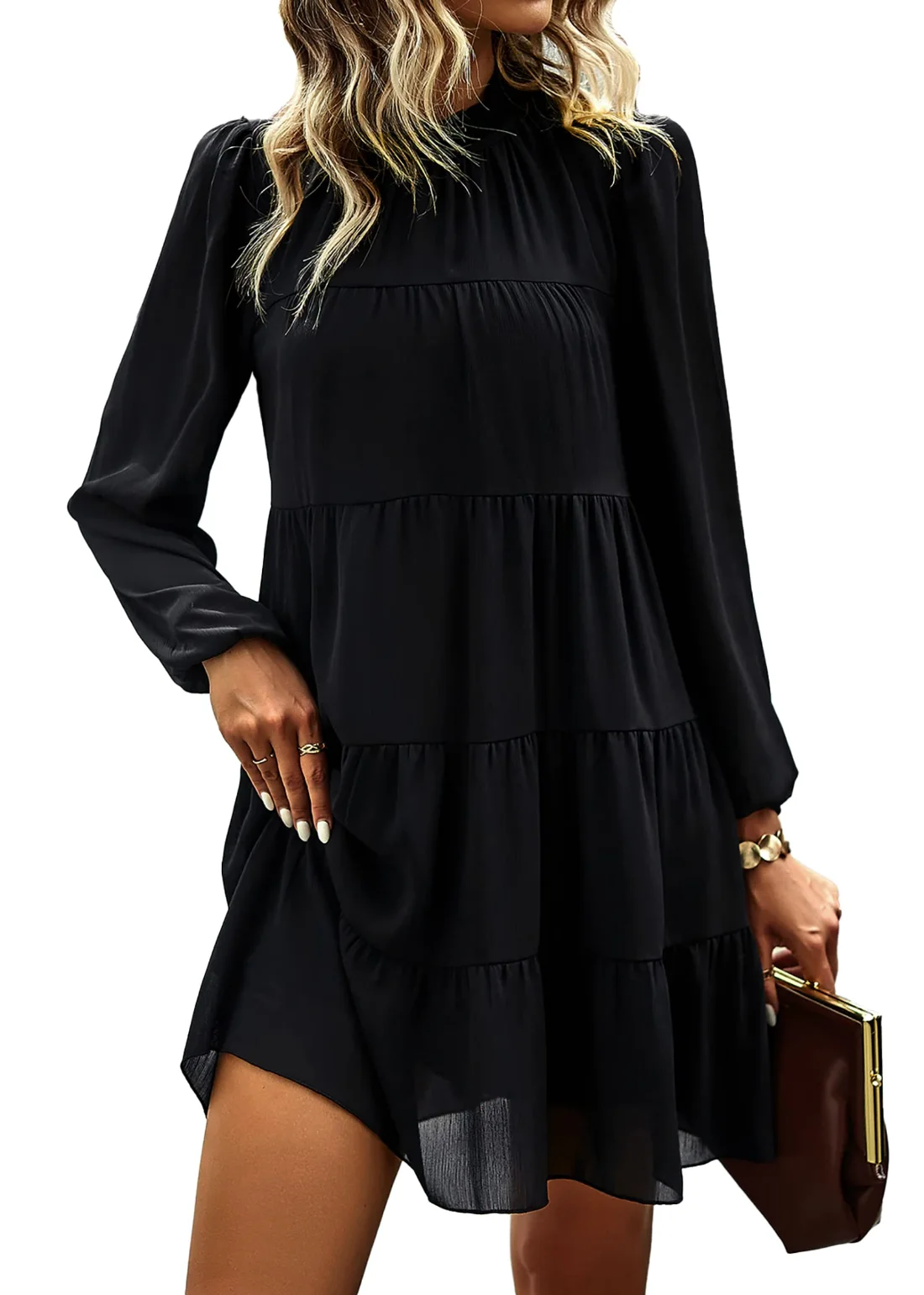 KIRUNDO Long Sleeve Tiered Babydoll Dress in Black