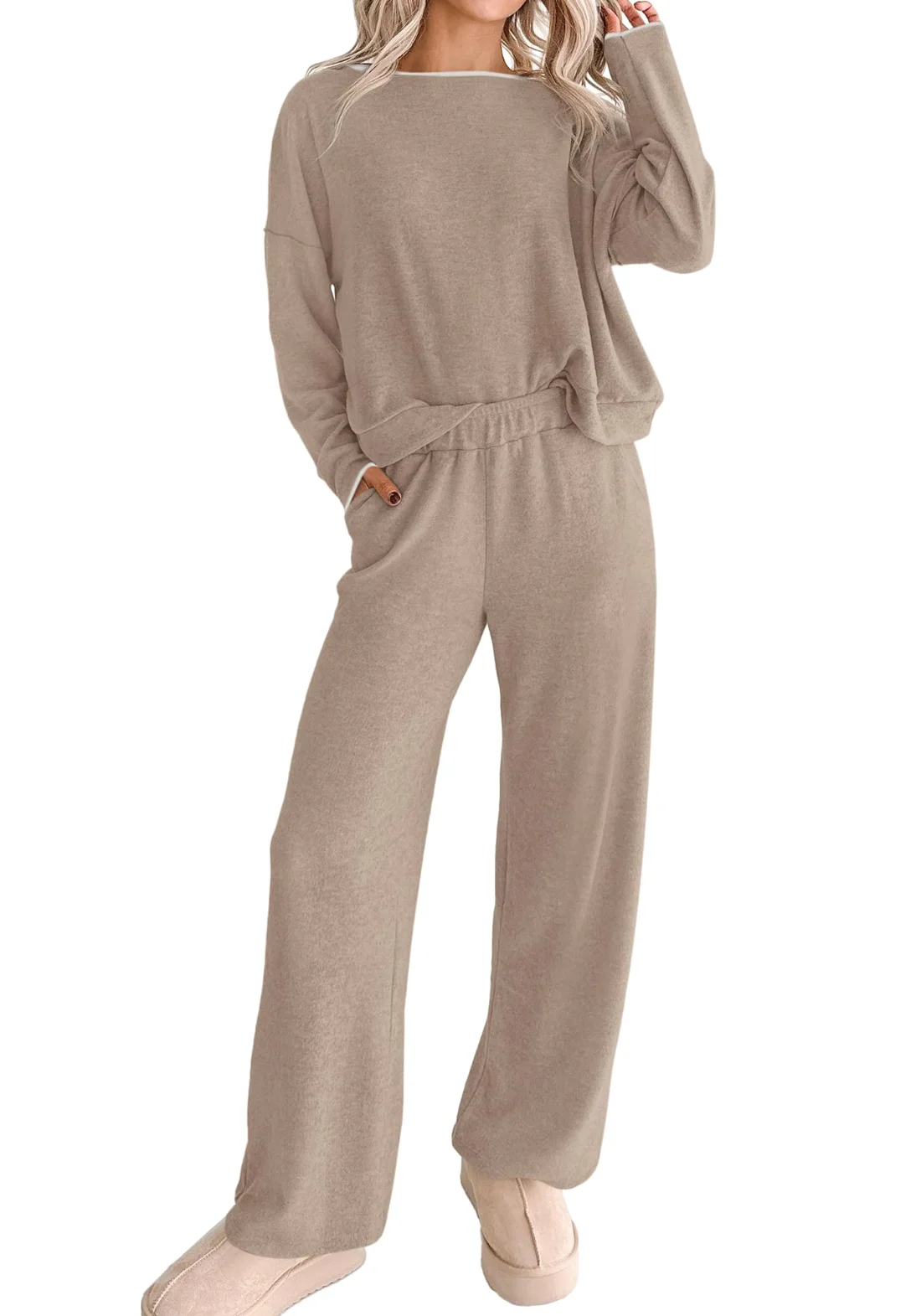 KIRUNDO Long Sleeve Wide Leg Lounge Set in Camel