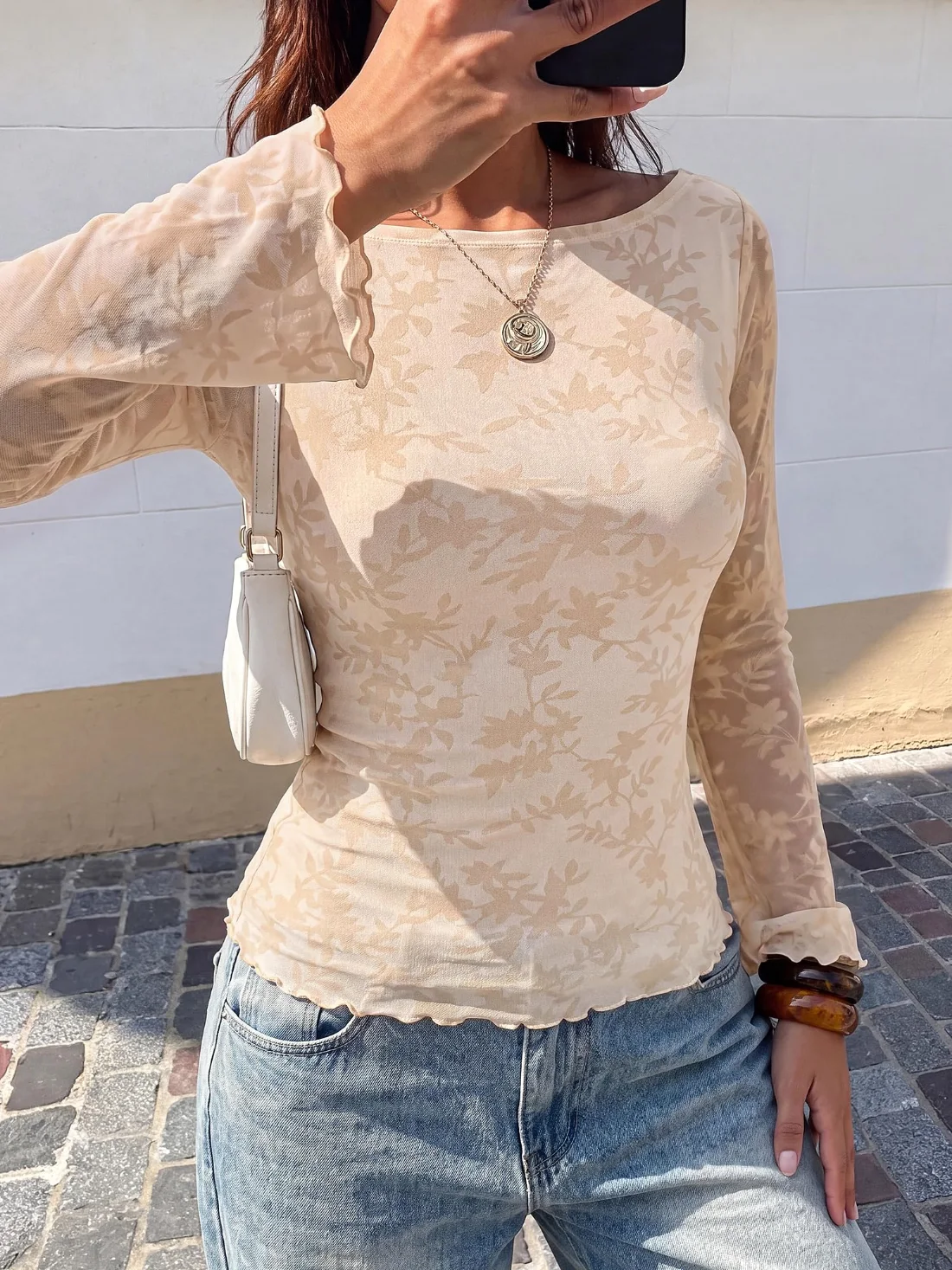 KIRUNDO Mesh Floral Boat Neck Blouse in Beige, view 6