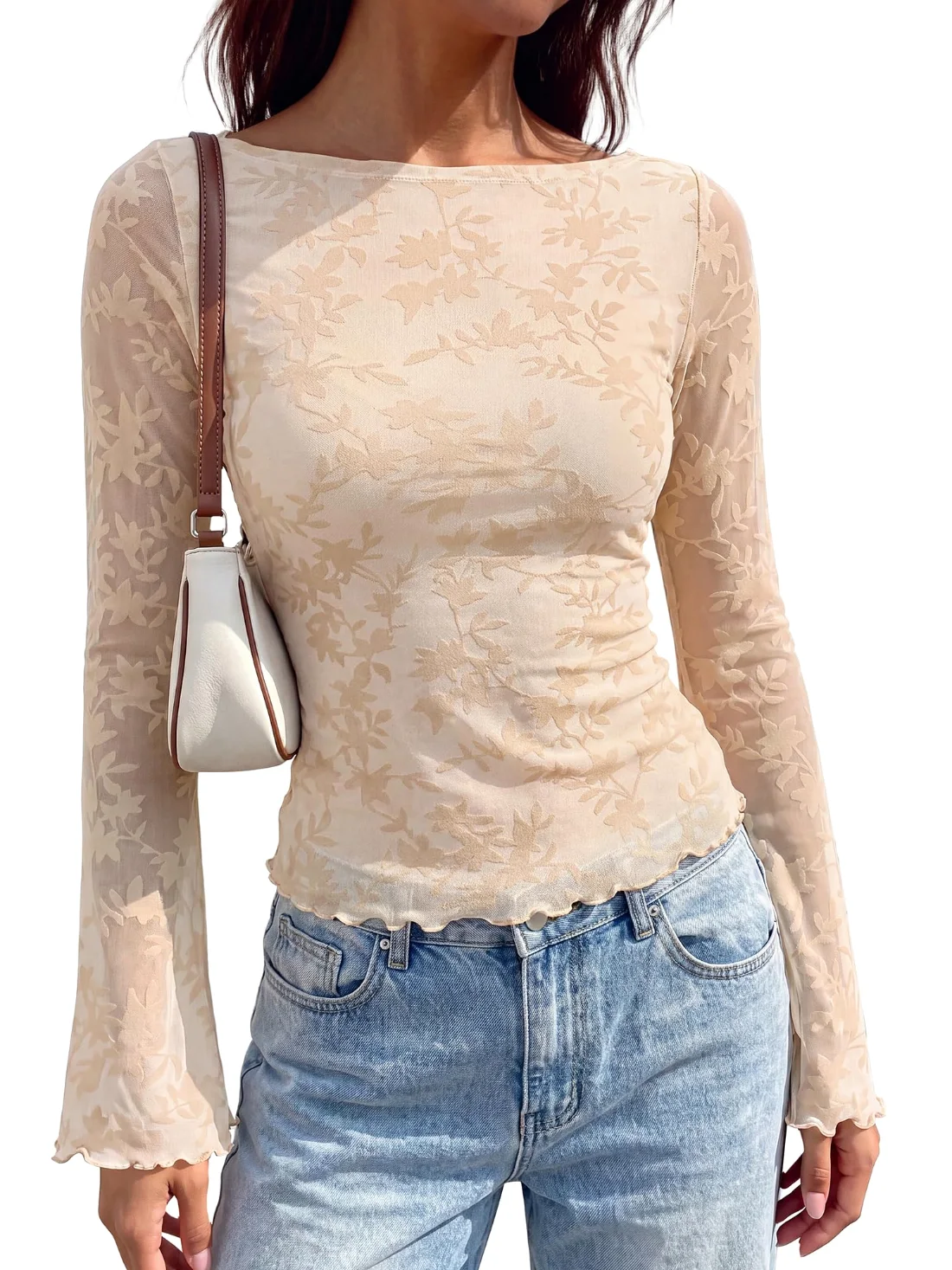 KIRUNDO Mesh Floral Boat Neck Blouse in Beige
