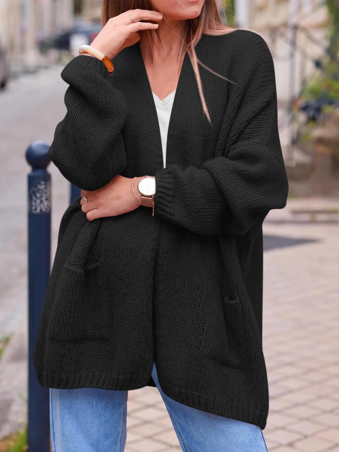 KIRUNDO Open Front Pocket Cardigan in Black, view 5