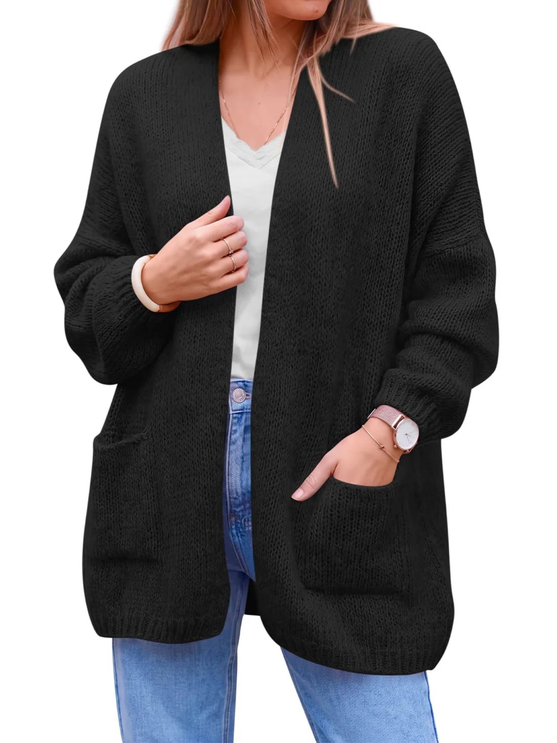 KIRUNDO Open Front Pocket Cardigan in Black