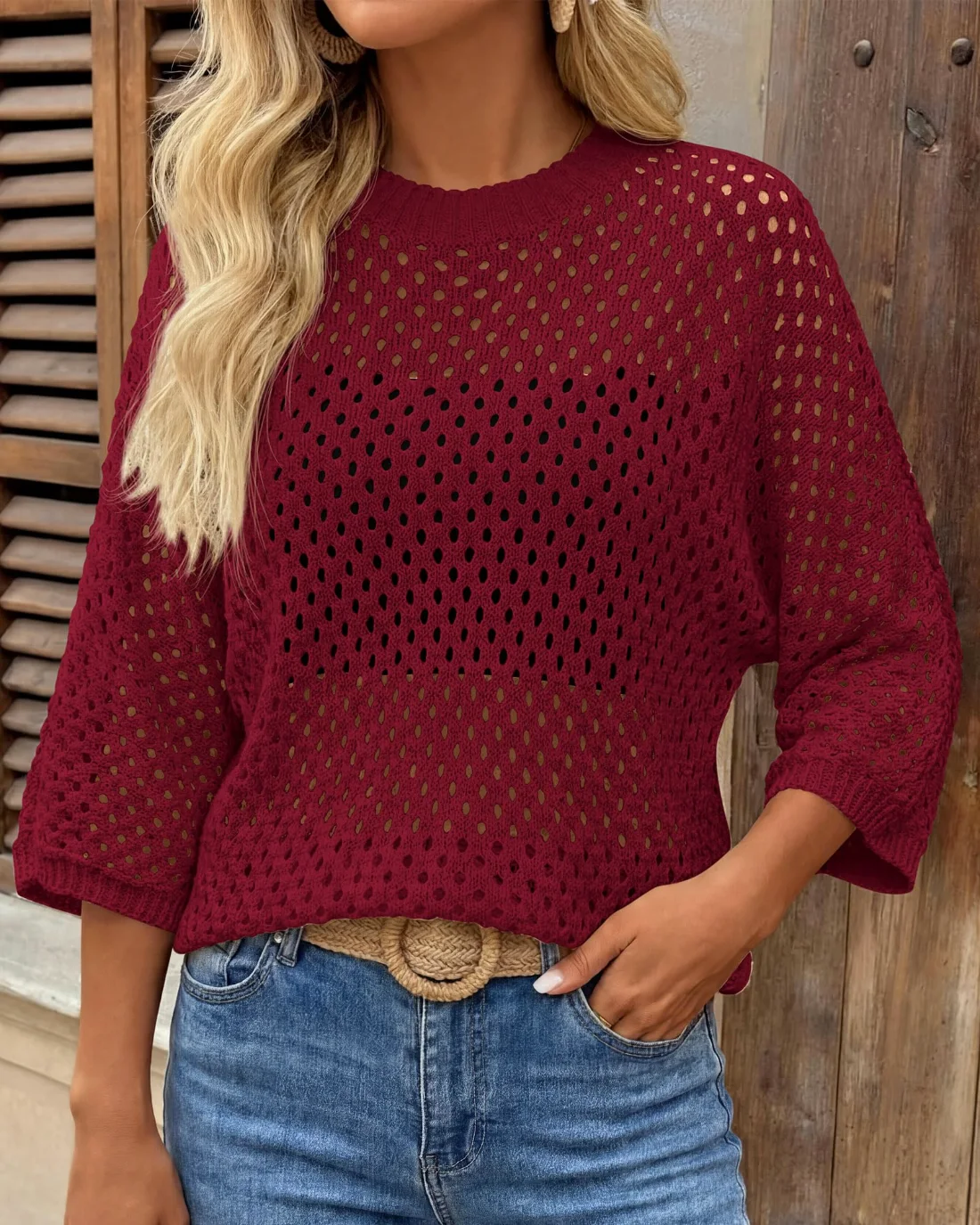 KIRUNDO Open Knit Crochet Top in Wine Red, view 4