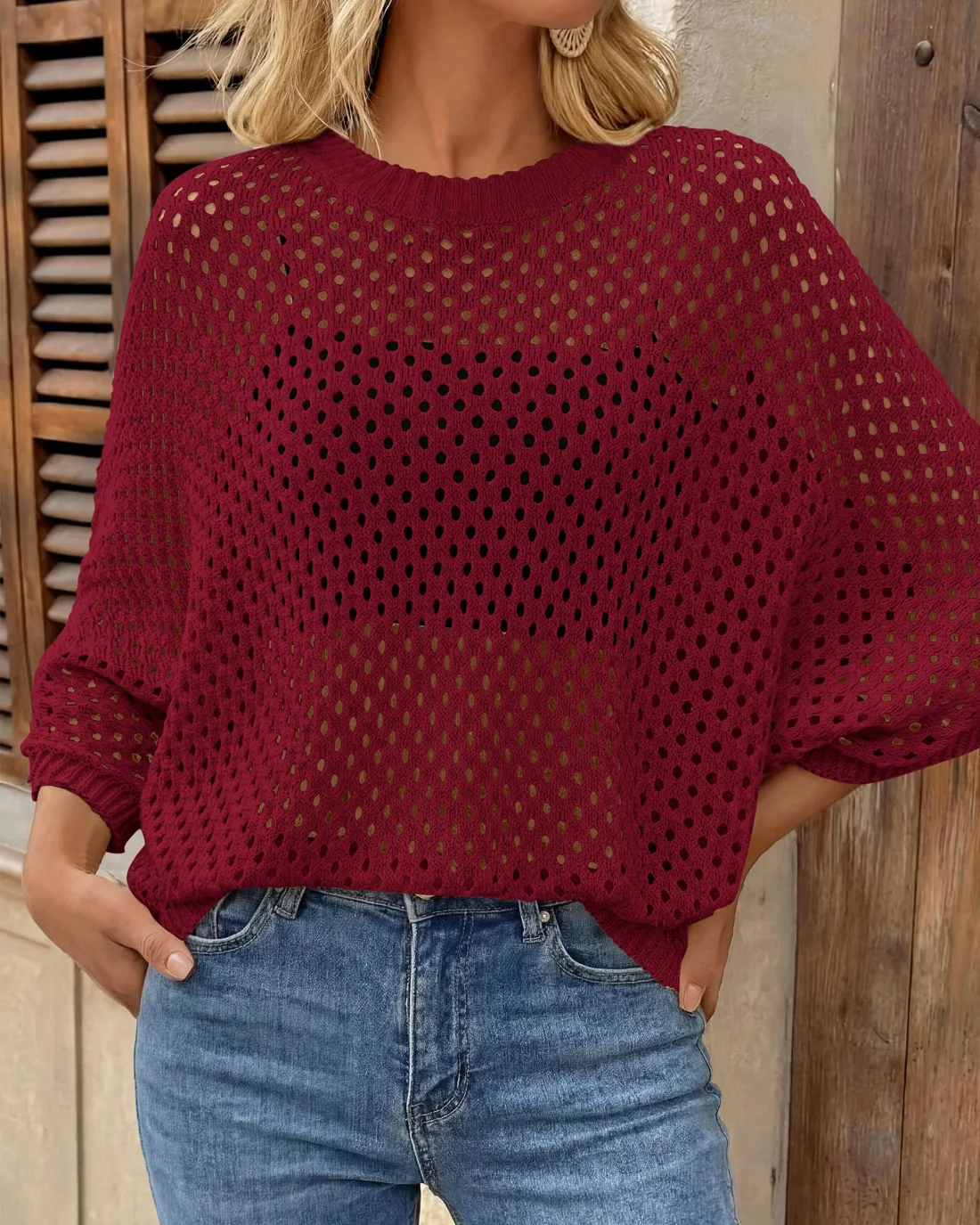 KIRUNDO Open Knit Crochet Top in Wine Red, view 5