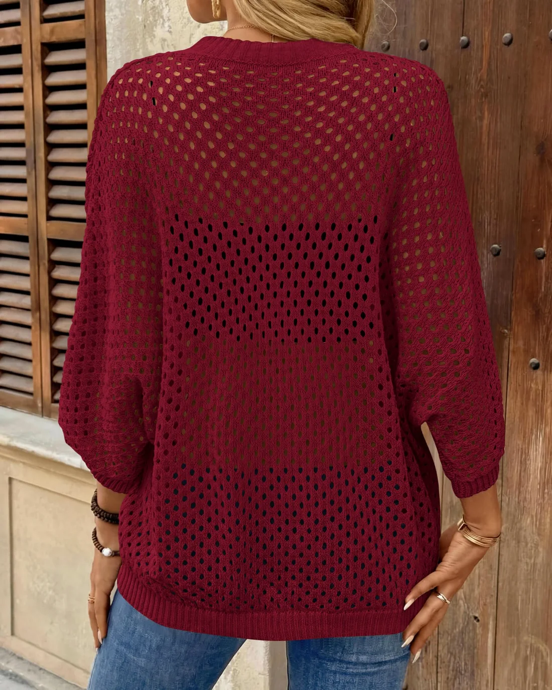 KIRUNDO Open Knit Crochet Top in Wine Red, view 6