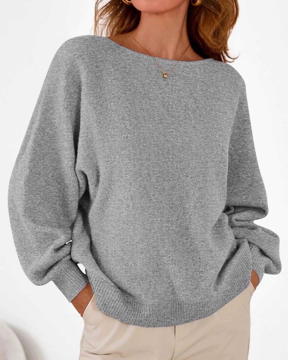 KIRUNDO Oversized Boat Neck Sweater in Grey, view 6