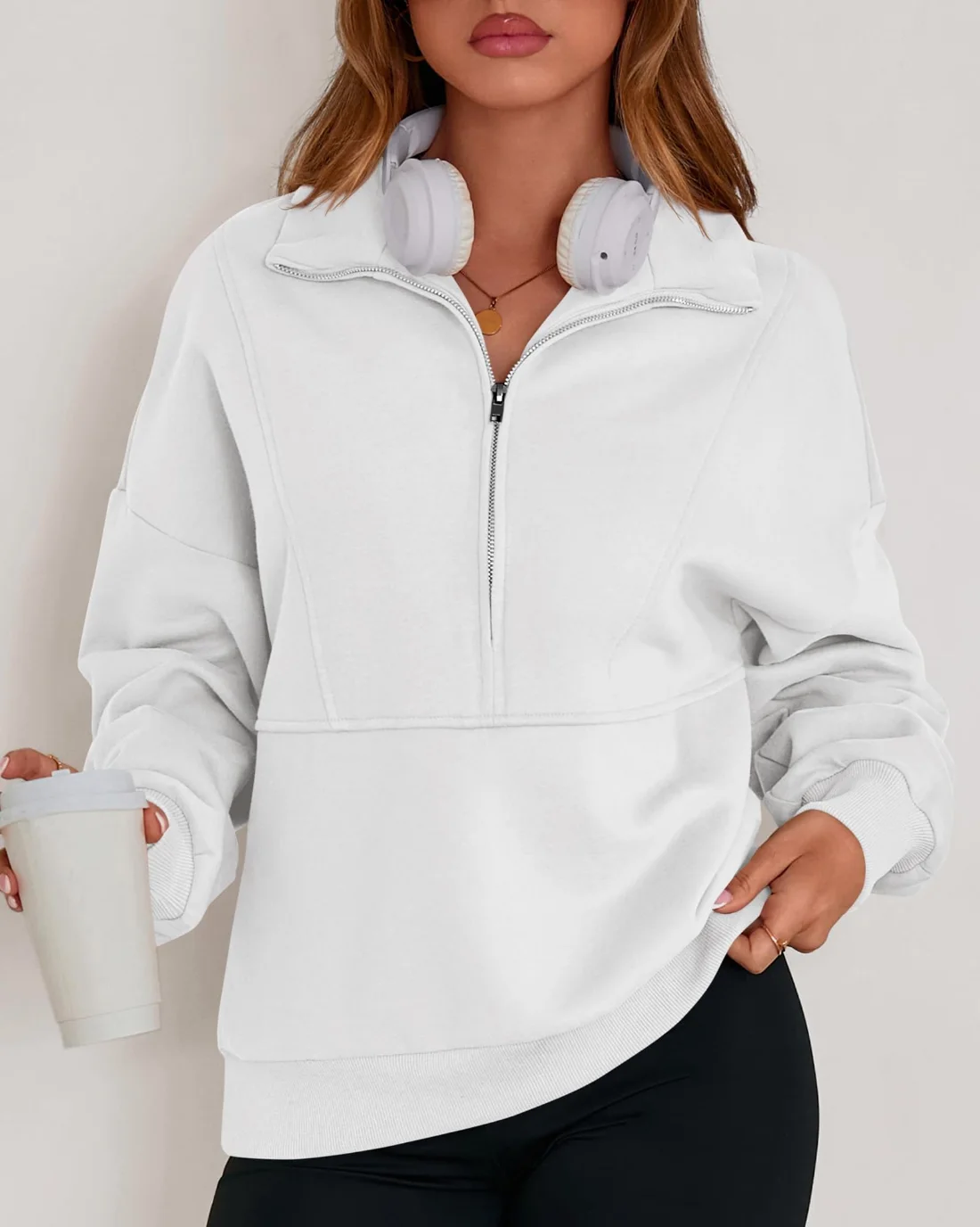 KIRUNDO Oversized Half-Zip Sweatshirt in White, view 5