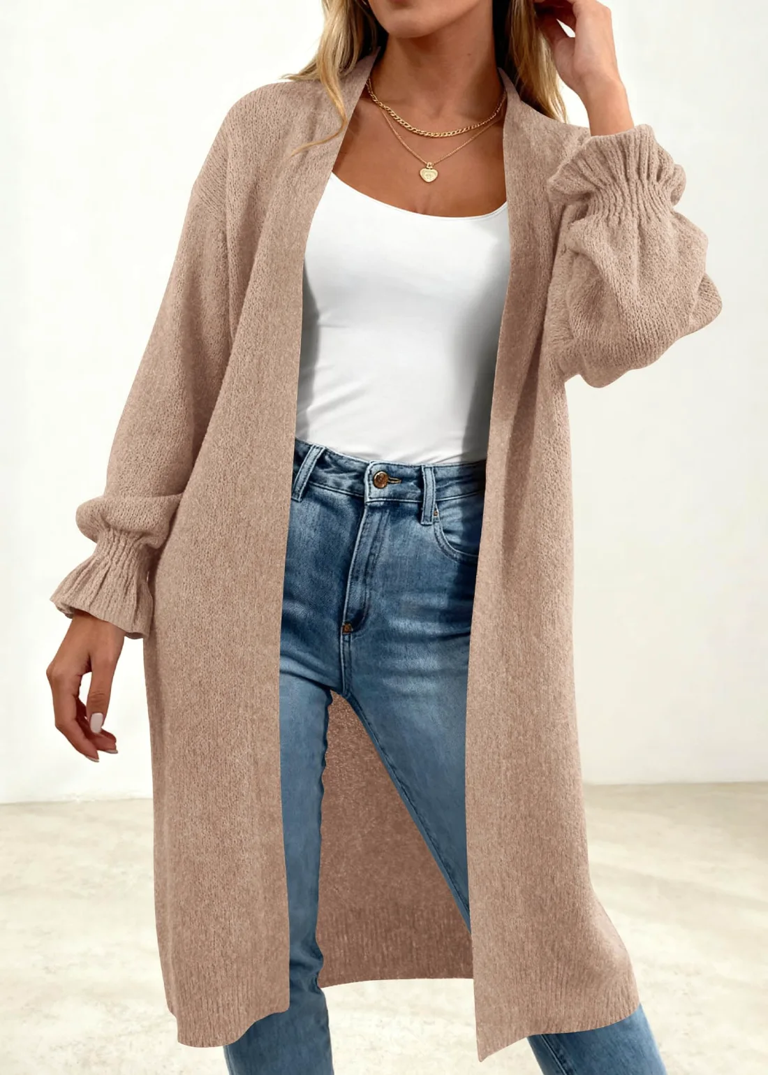 KIRUNDO Oversized Open Front Cardigan in Khaki, view 3