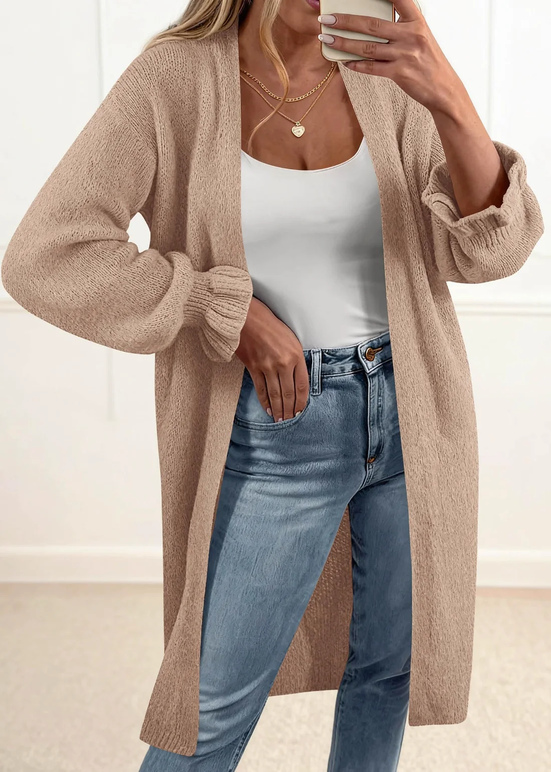 KIRUNDO Oversized Open Front Cardigan in Khaki, view 4