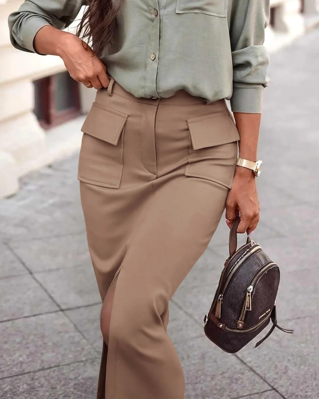 KIRUNDO Pencil Cargo High-Waist Skirt in Light Khaki, view 6
