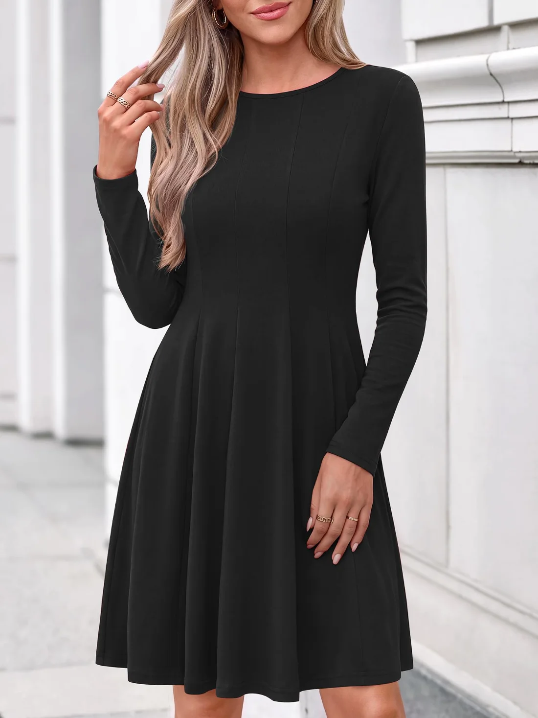 KIRUNDO Pleated A-Line Long Sleeve Dress in Black, view 4